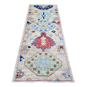 3'1"x7'9" Tan Color, Anatolian Village Inspired with Large Design Elements and Bird Figurines Pure Wool Hand Knotted Oriental Runner Rug FWR445326