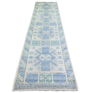 3'1"x11'10" Ivory, Hand Knotted Anatolian Village Inspired Geometric Design, Natural Wool, Runner Oriental Rug FWR445332