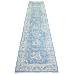 2'7"x11'8" Ruddy blue, Finer Peshawar With Soft Colors, Natural Dyes, Extra Soft Wool, Hand Knotted, Runner Oriental Rug FWR445458