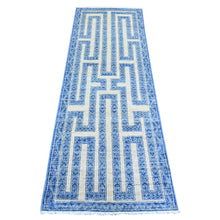 Load image into Gallery viewer, 2&#39;6&quot;x7&#39;4&quot; Denim Blue, Soft Wool Hand Knotted, Vegetable Dyes Fine Peshawar with Intricate Geometric Motifs Maze Design, Runner Oriental Rug FWR445716