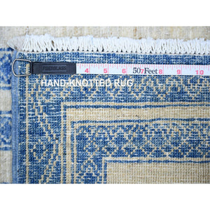 2'6"x7'4" Denim Blue, Soft Wool Hand Knotted, Vegetable Dyes Fine Peshawar with Intricate Geometric Motifs Maze Design, Runner Oriental Rug FWR445716