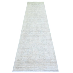 2'8"x11' White Wash Peshawar with Faded Design, Natural Dyes, Extra Soft Wool, Hand Knotted, Runner Oriental Rug FWR445818