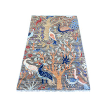 Load image into Gallery viewer, 3&#39;1&quot;x4&#39;10&quot; Vampire Gray, Soft Wool, Hand Knotted Afghan Peshawar with Birds of Paradise Design, Abrash, Vegetable Dyes, Oriental Rug FWR446106