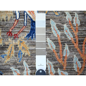 3'1"x4'10" Vampire Gray, Soft Wool, Hand Knotted Afghan Peshawar with Birds of Paradise Design, Abrash, Vegetable Dyes, Oriental Rug FWR446106