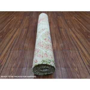 3'x5'2" Reseda Green, Vegetable Dyes, Pure Wool, Hand Knotted, Afghan Peshawar with Birds of Paradise Design, Oriental Rug FWR446472