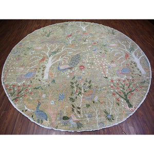 10'x10' Pistachio Green, Hand Knotted Afghan Peshawar with Birds of Paradise, Natural Dyes Pure Wool, Round Oriental Rug FWR446616