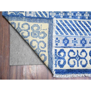 10'x13'8" Cobalt Blue, Natural Dyes, White Wash Khotan Inspired Pomegranate Design, Geometric Repetitive Border Pattern, Shiny Wool, Hand Knotted, Oriental Rug FWR446718