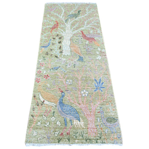 2'6"x6'4" Olive Drab Green, Hand Knotted, Natural Dyes, Pure Wool, Afghan Peshawar with Birds of Paradise Design, Oriental Rug FWR446934