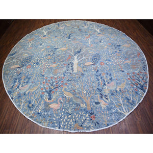 12'x12' Glaucous Blue, Hand Knotted, Afghan Peshawar with Birds of Paradise, Vegetable Dyes Soft Wool, Round Oriental Rug FWR446982