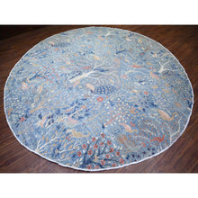 Load image into Gallery viewer, 12&#39;x12&#39; Glaucous Blue, Hand Knotted, Afghan Peshawar with Birds of Paradise, Vegetable Dyes Soft Wool, Round Oriental Rug FWR446982