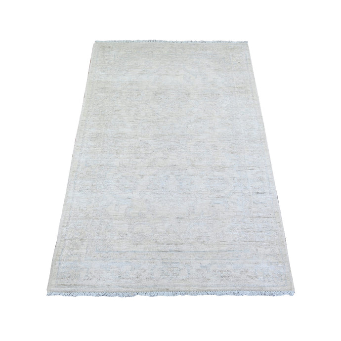 3'x5' Delicate White, 100% Wool, Hand Knotted, Washed Out Peshawar with Faded Design, Natural Dyes, Oriental Rug FWR447084