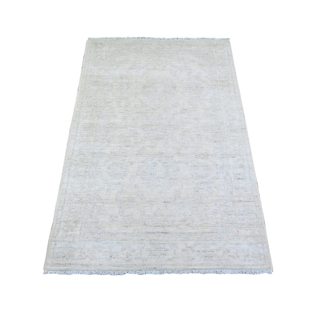 3'x5' Delicate White, 100% Wool, Hand Knotted, Washed Out Peshawar with Faded Design, Natural Dyes, Oriental Rug FWR447084