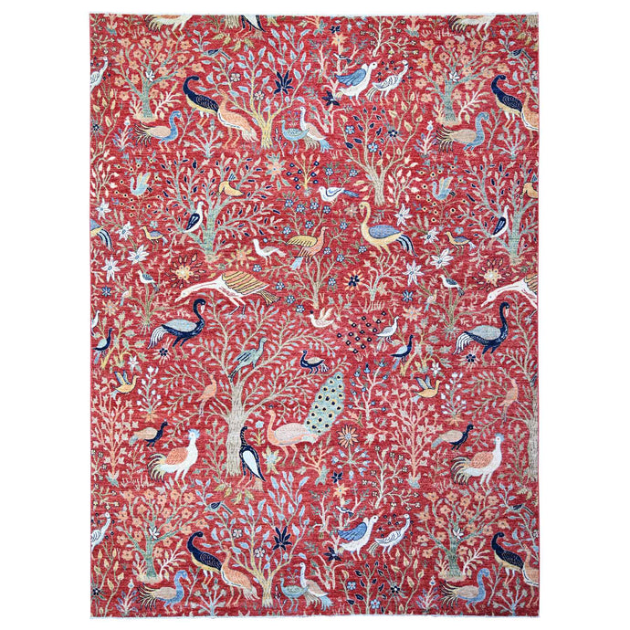 9'x12' Fire Brick Red, Natural Dyes, 100% Wool, Afghan Peshawar with Birds of Paradise Design, Abrash, Hand Knotted, Oriental Rug FWR447108