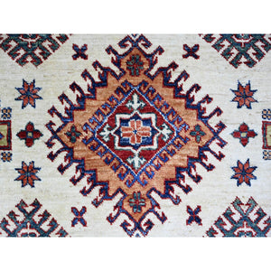 8'4"x11'5" Porcelain White, Organic Wool, Hand Knotted, Dense Weave, Vegetable Dyes, Afghan Super Kazak with All Over Medallions, Oriental Rug FWR447282