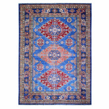 Load image into Gallery viewer, 8&#39;2&quot;x11&#39;6&quot; Sapphire with Navy Blue, Hand Knotted Afghan Super Kazak with Tribal Medallion Design, Natural Dyes Densely Woven, Soft Wool, Oriental Rug FWR447288