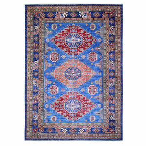 8'2"x11'6" Sapphire with Navy Blue, Hand Knotted Afghan Super Kazak with Tribal Medallion Design, Natural Dyes Densely Woven, Soft Wool, Oriental Rug FWR447288