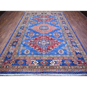 8'2"x11'6" Sapphire with Navy Blue, Hand Knotted Afghan Super Kazak with Tribal Medallion Design, Natural Dyes Densely Woven, Soft Wool, Oriental Rug FWR447288