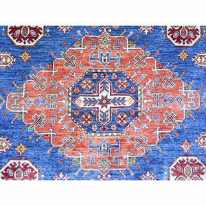 8'2"x11'6" Sapphire with Navy Blue, Hand Knotted Afghan Super Kazak with Tribal Medallion Design, Natural Dyes Densely Woven, Soft Wool, Oriental Rug FWR447288