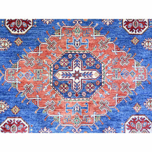 8'2"x11'6" Sapphire with Navy Blue, Hand Knotted Afghan Super Kazak with Tribal Medallion Design, Natural Dyes Densely Woven, Soft Wool, Oriental Rug FWR447288