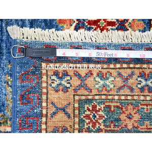 8'2"x11'6" Sapphire with Navy Blue, Hand Knotted Afghan Super Kazak with Tribal Medallion Design, Natural Dyes Densely Woven, Soft Wool, Oriental Rug FWR447288