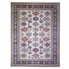 Load image into Gallery viewer, 9&#39;2&quot;x11&#39;10&quot; Smoky White with Dark Blue Border, Dense Weave, Vegetable Dyes, Organic Wool, Hand Knotted, Afghan Super Kazak with Geometric Medallions, Oriental Rug FWR447306