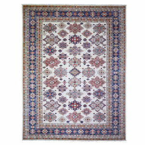 9'2"x11'10" Smoky White with Dark Blue Border, Dense Weave, Vegetable Dyes, Organic Wool, Hand Knotted, Afghan Super Kazak with Geometric Medallions, Oriental Rug FWR447306