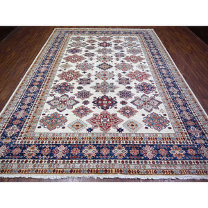 9'2"x11'10" Smoky White with Dark Blue Border, Dense Weave, Vegetable Dyes, Organic Wool, Hand Knotted, Afghan Super Kazak with Geometric Medallions, Oriental Rug FWR447306