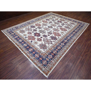 9'2"x11'10" Smoky White with Dark Blue Border, Dense Weave, Vegetable Dyes, Organic Wool, Hand Knotted, Afghan Super Kazak with Geometric Medallions, Oriental Rug FWR447306