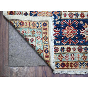 9'2"x11'10" Smoky White with Dark Blue Border, Dense Weave, Vegetable Dyes, Organic Wool, Hand Knotted, Afghan Super Kazak with Geometric Medallions, Oriental Rug FWR447306