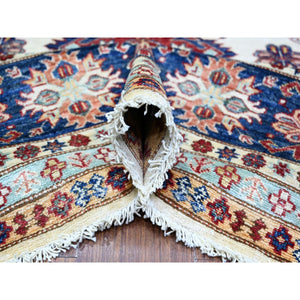 9'2"x11'10" Smoky White with Dark Blue Border, Dense Weave, Vegetable Dyes, Organic Wool, Hand Knotted, Afghan Super Kazak with Geometric Medallions, Oriental Rug FWR447306
