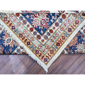 9'2"x11'10" Smoky White with Dark Blue Border, Dense Weave, Vegetable Dyes, Organic Wool, Hand Knotted, Afghan Super Kazak with Geometric Medallions, Oriental Rug FWR447306