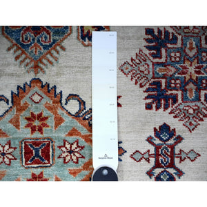 9'2"x11'10" Smoky White with Dark Blue Border, Dense Weave, Vegetable Dyes, Organic Wool, Hand Knotted, Afghan Super Kazak with Geometric Medallions, Oriental Rug FWR447306
