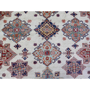 9'2"x11'10" Smoky White with Dark Blue Border, Dense Weave, Vegetable Dyes, Organic Wool, Hand Knotted, Afghan Super Kazak with Geometric Medallions, Oriental Rug FWR447306