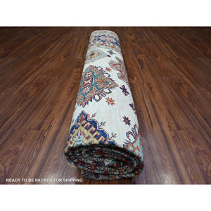 9'2"x11'10" Smoky White with Dark Blue Border, Dense Weave, Vegetable Dyes, Organic Wool, Hand Knotted, Afghan Super Kazak with Geometric Medallions, Oriental Rug FWR447306