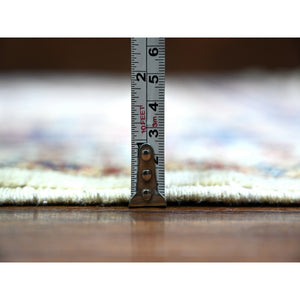 9'2"x11'10" Smoky White with Dark Blue Border, Dense Weave, Vegetable Dyes, Organic Wool, Hand Knotted, Afghan Super Kazak with Geometric Medallions, Oriental Rug FWR447306