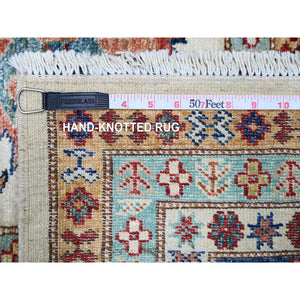 9'2"x11'10" Smoky White with Dark Blue Border, Dense Weave, Vegetable Dyes, Organic Wool, Hand Knotted, Afghan Super Kazak with Geometric Medallions, Oriental Rug FWR447306