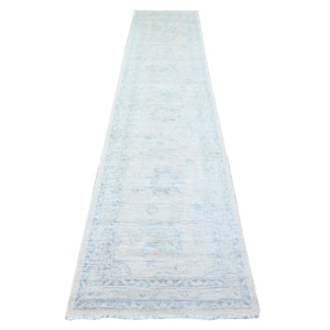 2'7"x11'9" Porcelain White with Gentle Gray, Washed Out Peshawar with Faded Colors, Natural Dyes, High Grade Wool, Hand Knotted, Runner Oriental Rug FWR447516