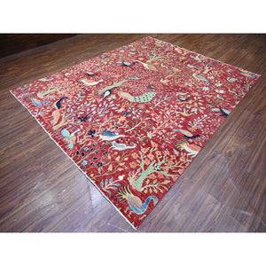 8'2"x10'1" Prismatic Red, Natural Dyes, Pure Wool, Hand Knotted, Afghan Peshawar with Birds of Paradise Design, Abrash, Oriental Rug FWR447522