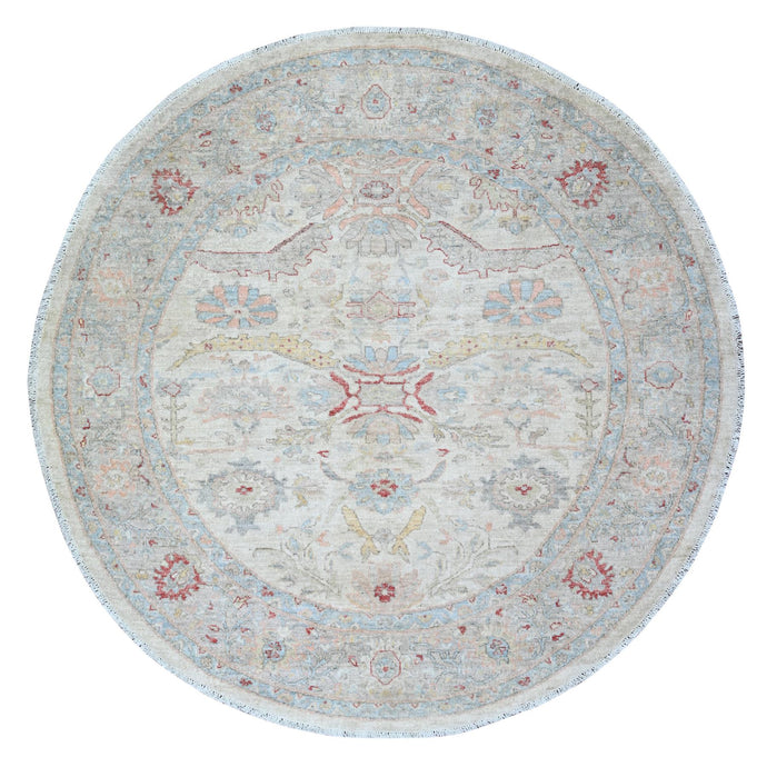 6'x6' Daisy White with Rhino Gray, Ziegler Mahal, Hand Knotted, High Grade Wool, Vegetable Dyes, Round Oriental Rug FWR447564
