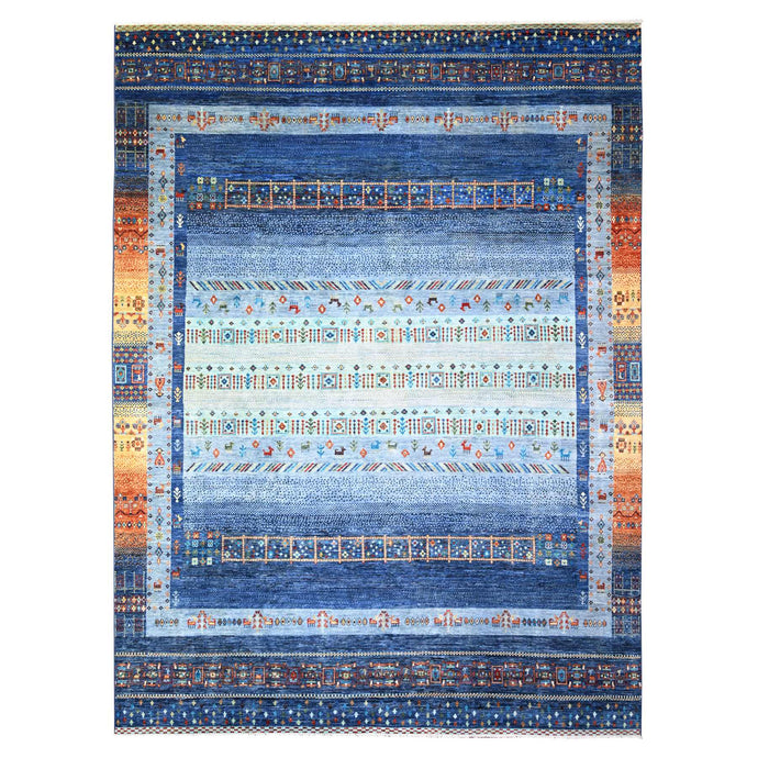9'x12' Yale Blue, Fine Kashkuli Gabbeh with Small Animals and Human Figurines, Pure Wool, Natural Dyes, Hand Knotted, Oriental Rug FWR447606