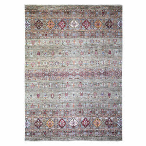 8'6"x11'8" Sage Gray, Vegetable Dyes, Hand Knotted, Afghan Super Kazak with Khorjin Design with Colorful Tassels, Densely Woven, Shiny Wool, Oriental Rug FWR447726