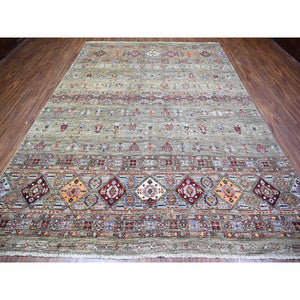 8'6"x11'8" Sage Gray, Vegetable Dyes, Hand Knotted, Afghan Super Kazak with Khorjin Design with Colorful Tassels, Densely Woven, Shiny Wool, Oriental Rug FWR447726