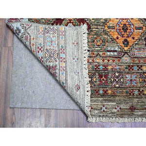 8'6"x11'8" Sage Gray, Vegetable Dyes, Hand Knotted, Afghan Super Kazak with Khorjin Design with Colorful Tassels, Densely Woven, Shiny Wool, Oriental Rug FWR447726
