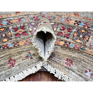 8'6"x11'8" Sage Gray, Vegetable Dyes, Hand Knotted, Afghan Super Kazak with Khorjin Design with Colorful Tassels, Densely Woven, Shiny Wool, Oriental Rug FWR447726