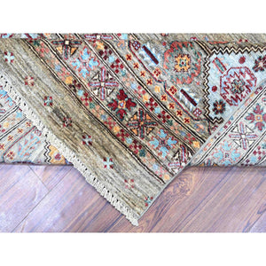 8'6"x11'8" Sage Gray, Vegetable Dyes, Hand Knotted, Afghan Super Kazak with Khorjin Design with Colorful Tassels, Densely Woven, Shiny Wool, Oriental Rug FWR447726