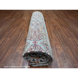 8'6"x11'8" Sage Gray, Vegetable Dyes, Hand Knotted, Afghan Super Kazak with Khorjin Design with Colorful Tassels, Densely Woven, Shiny Wool, Oriental Rug FWR447726