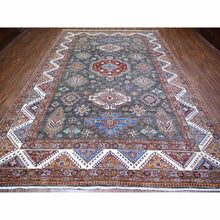 Load image into Gallery viewer, 9&#39;1&quot;x13&#39; Anchor Gray with Pop of Colors, Hand Knotted, Caucasian Design, Special Afghan Kazak With colorful Geometric Medallions, Organic Wool, Rectangle Oriental Rug FWR447732