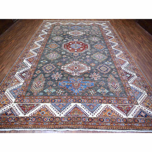 9'1"x13' Anchor Gray with Pop of Colors, Hand Knotted, Caucasian Design, Special Afghan Kazak With colorful Geometric Medallions, Organic Wool, Rectangle Oriental Rug FWR447732