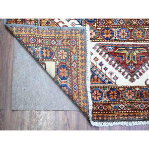 9'1"x13' Anchor Gray with Pop of Colors, Hand Knotted, Caucasian Design, Special Afghan Kazak With colorful Geometric Medallions, Organic Wool, Rectangle Oriental Rug FWR447732