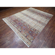 Load image into Gallery viewer, 8&#39;1&quot;x10&#39;4&quot; Spatial White, Natural Dyes Densely Woven Shiny Wool Hand Knotted, Afghan Super Kazak with Khorjin Design with Colorful Tassels, Oriental Rug FWR447810